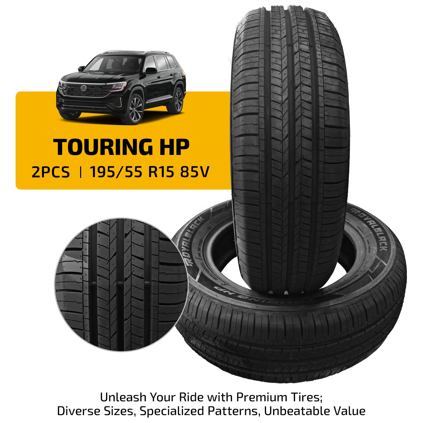 TOURING 195/55R15 85V Tires 7.9mm Tread 560AA BSW 50000 Miles Warranty Pair