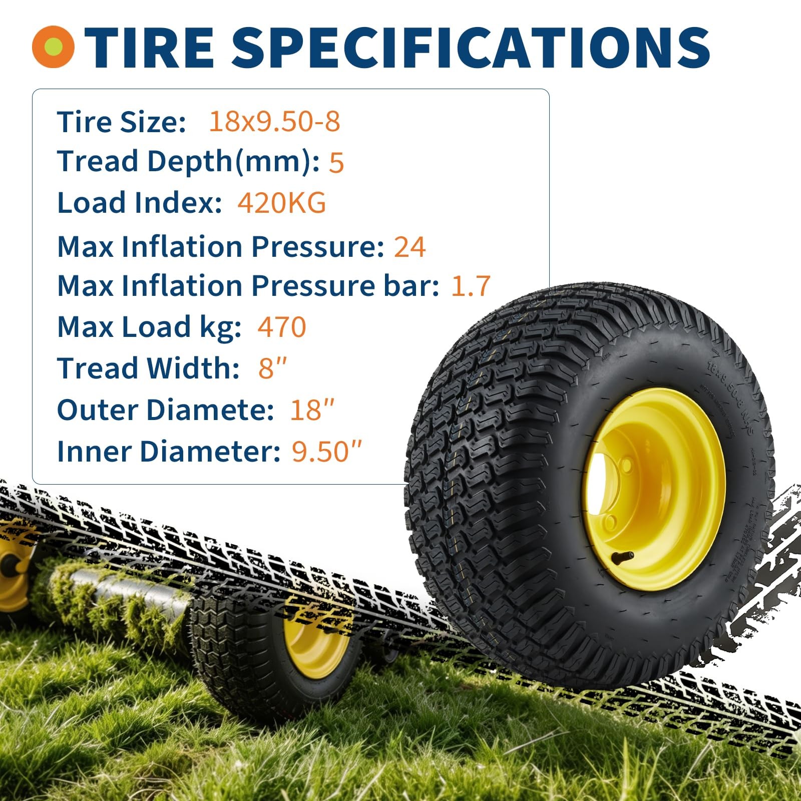 2pc 18×9.50-8 Lawn Mower Tires & Wheel Assembly 4 Lug Hole 18×9.5-8 18×9.5×8,Rim