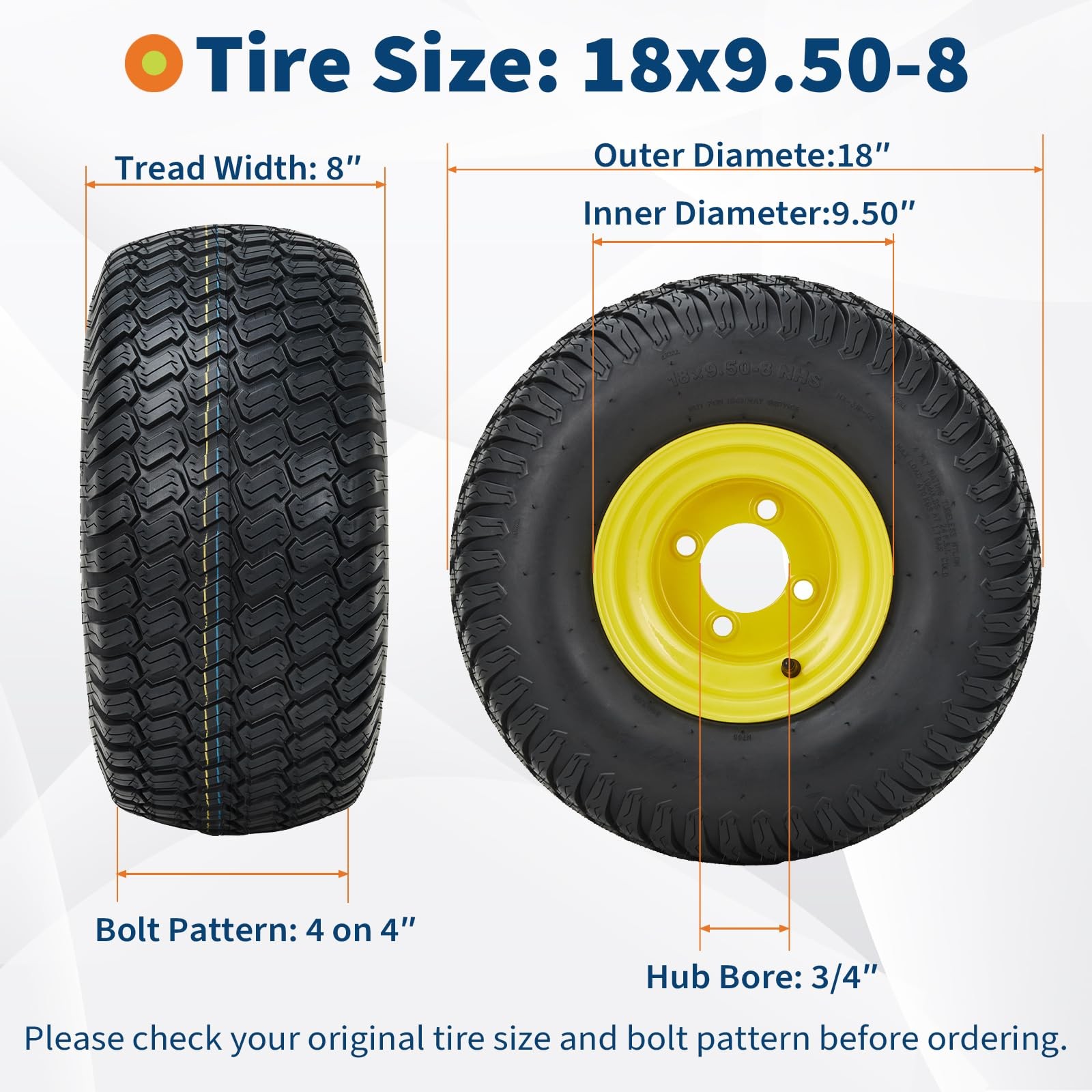 2pc 18×9.50-8 Lawn Mower Tires & Wheel Assembly 4 Lug Hole 18×9.5-8 18×9.5×8,Rim