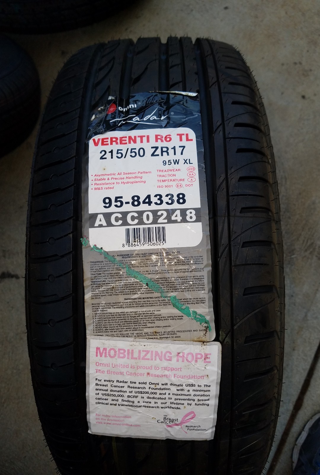 Single – New – Radar Verenti R6 215/50ZR17 95W XL