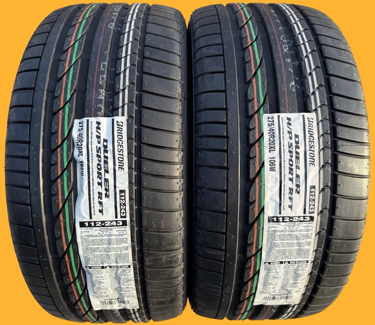 TWO BRAND NEW 275/40R20 106W Bridgestone Dueler H/P Sport RFT Run Flat BMW Tires