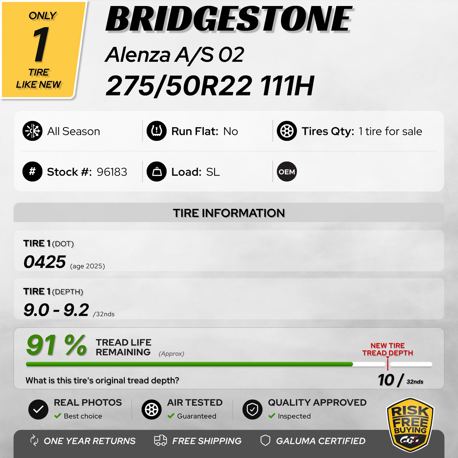 1 Tire LikeNEW Bridgestone Alenza A/S 02 275/50R22 275/50/22 2755022 111H #96183