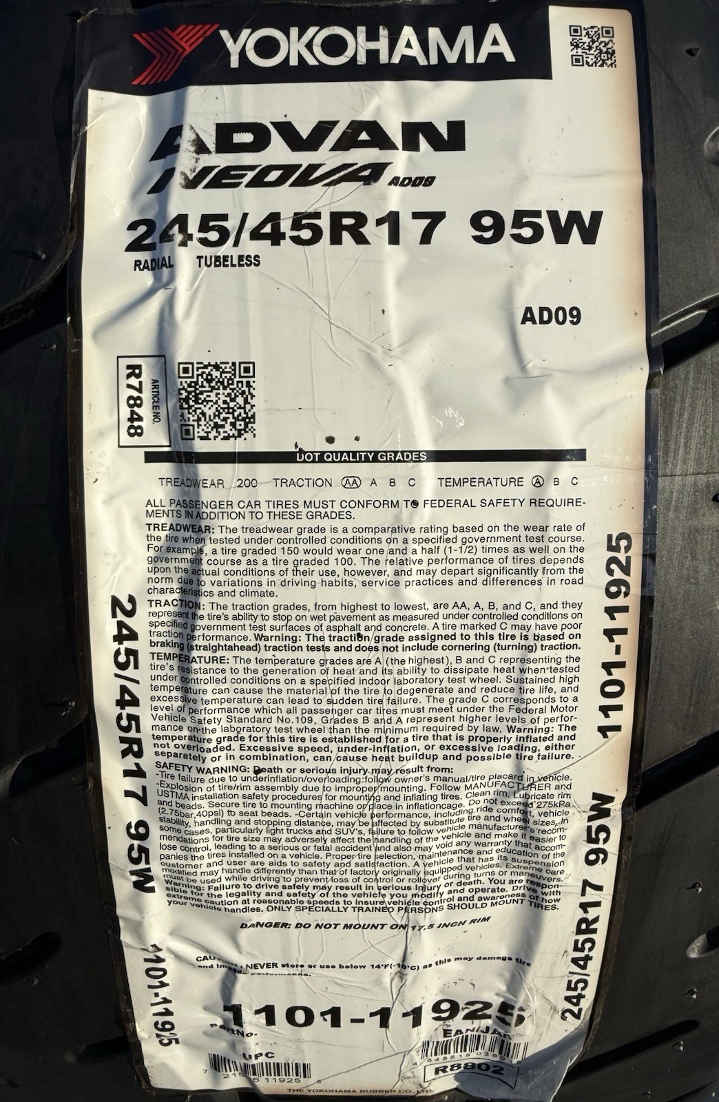 FOUR BRAND NEW 245/45R17 95W Yokohama ADVAN NEOVA AD09 Tires 2454517
