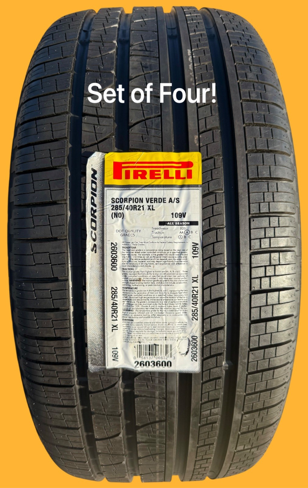 FOUR BRAND NEW 285/40R21 109V Pirelli Scorpion Verde All Season A/S AS Tires
