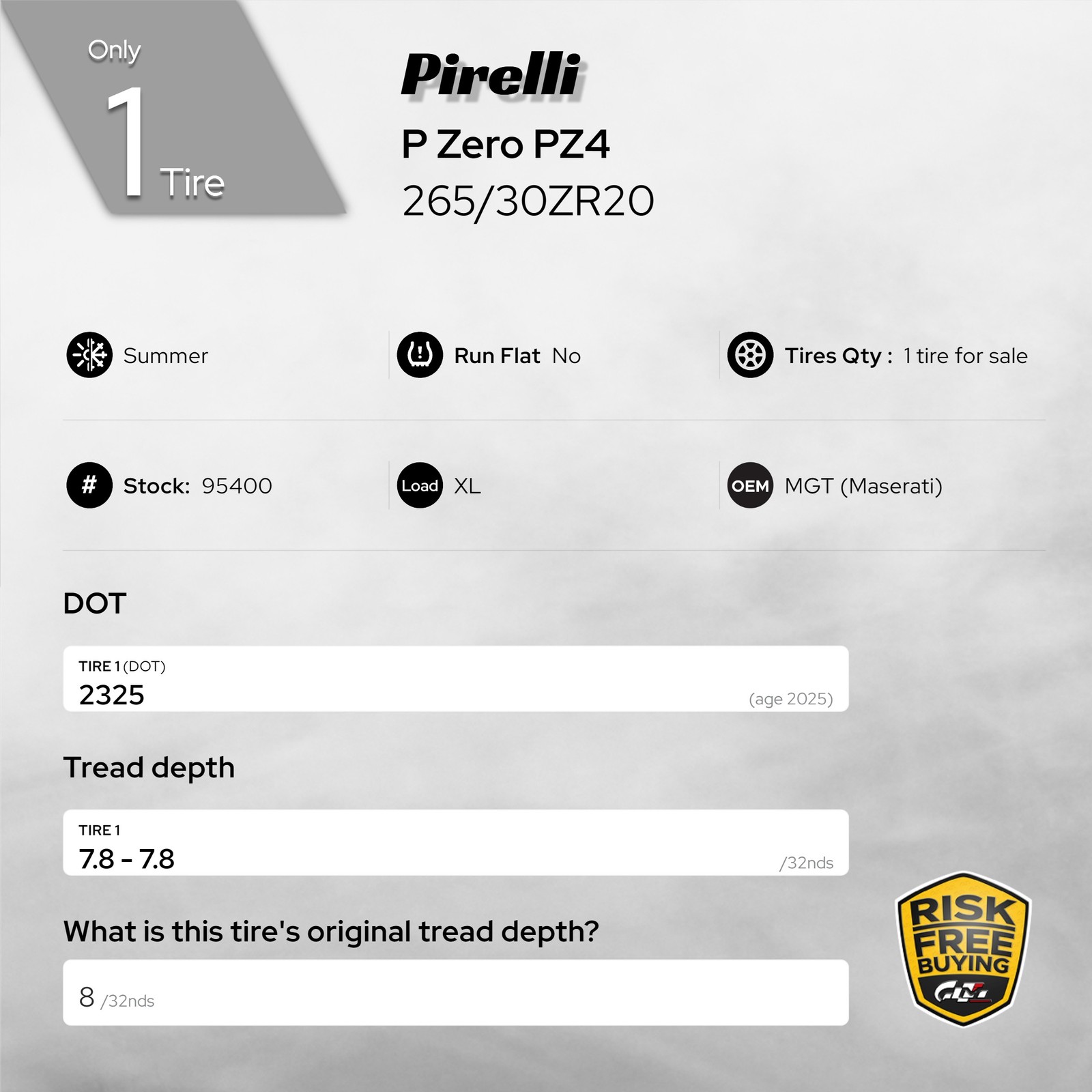 1 Tire LikeNEW Pirelli P Zero PZ4 (MGT) XL 265/30ZR20 265/30/20 No Repairs 95400