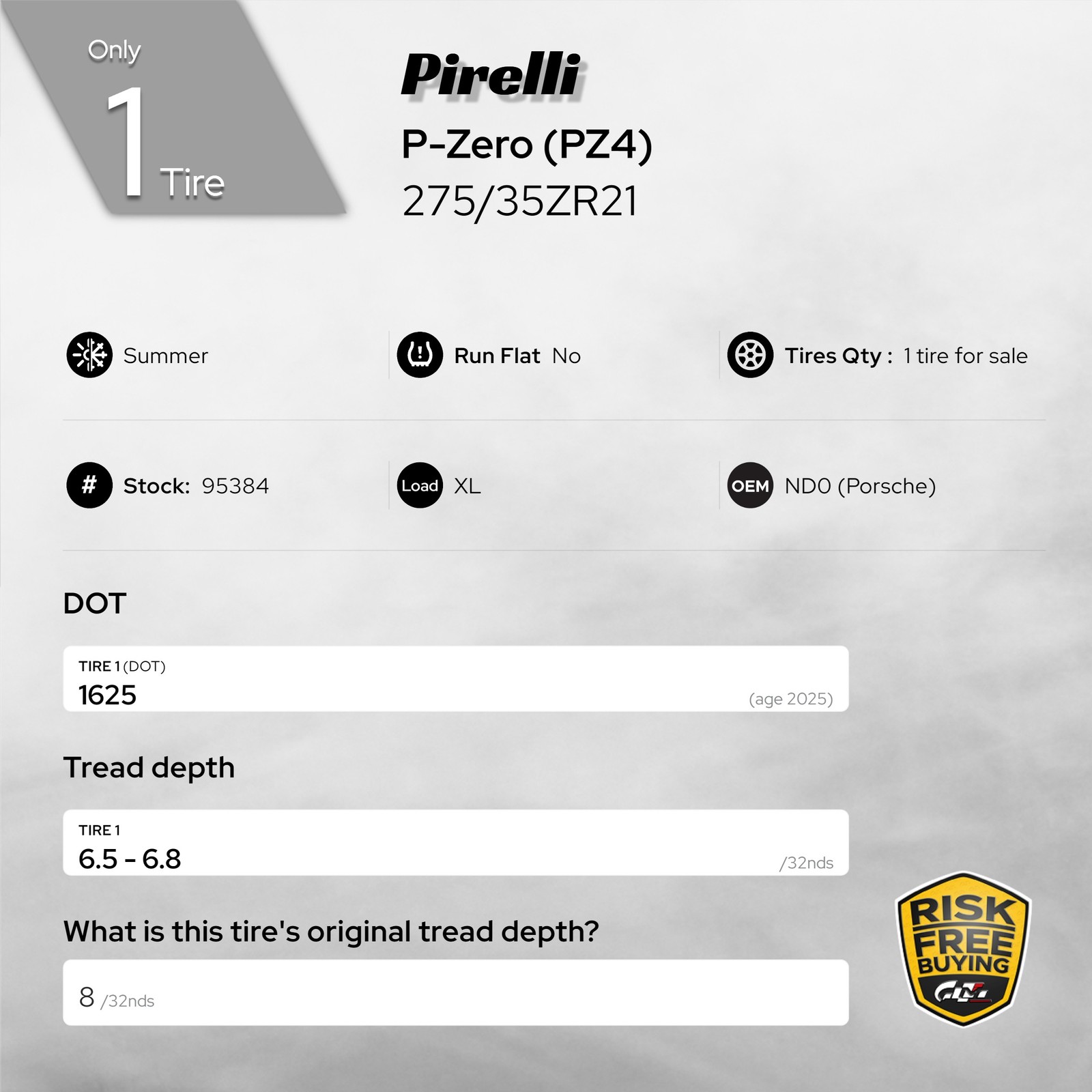 1 Tire LikeNEW Pirelli P-Zero (PZ4) ND0 XL 275/35ZR21 275/35/21 No Repairs 95384