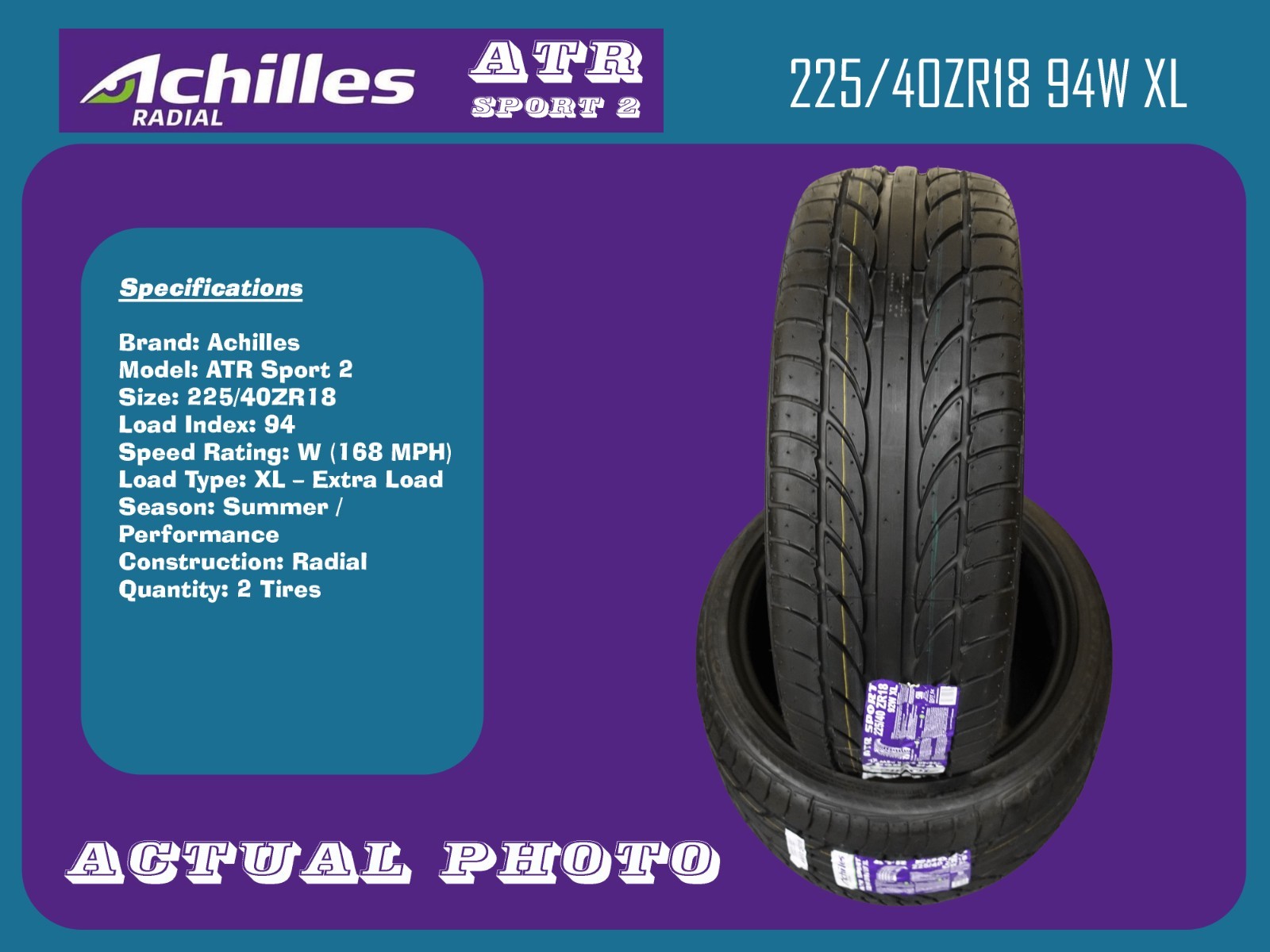 2 NEW 225/40ZR18-Achilles ATR Sport 2 225/40ZR18 94W XL Performance Tires