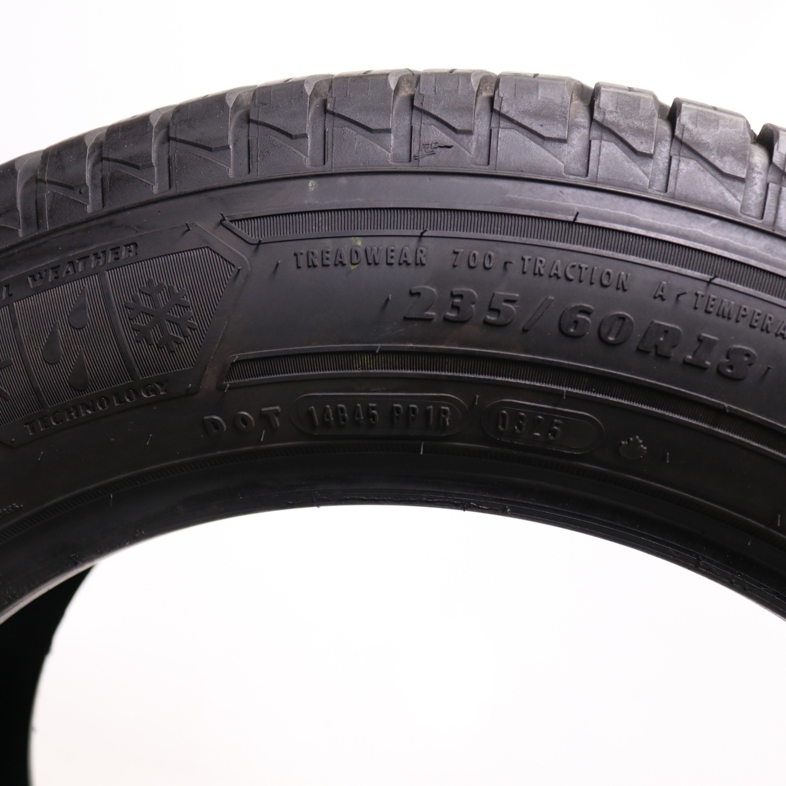 Set of 2 Used 235/60R18 Goodyear Assurance WeatherReady 2 – 107V – 9.5-10.5/32