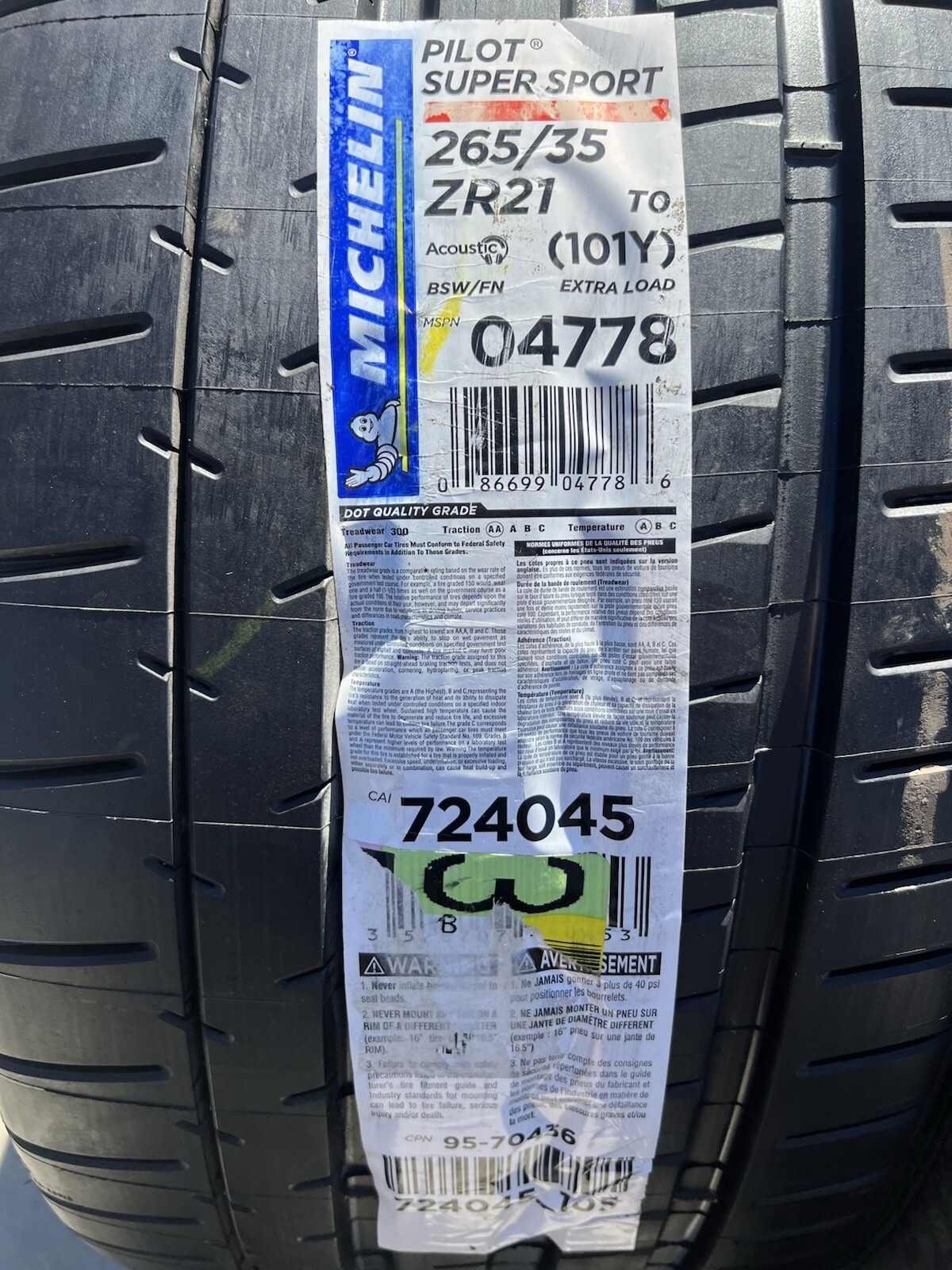 TWO BRAND NEW 265/35ZR21 Michelin Pilot Super Sport T0 TO Tesla Acoustic Tires
