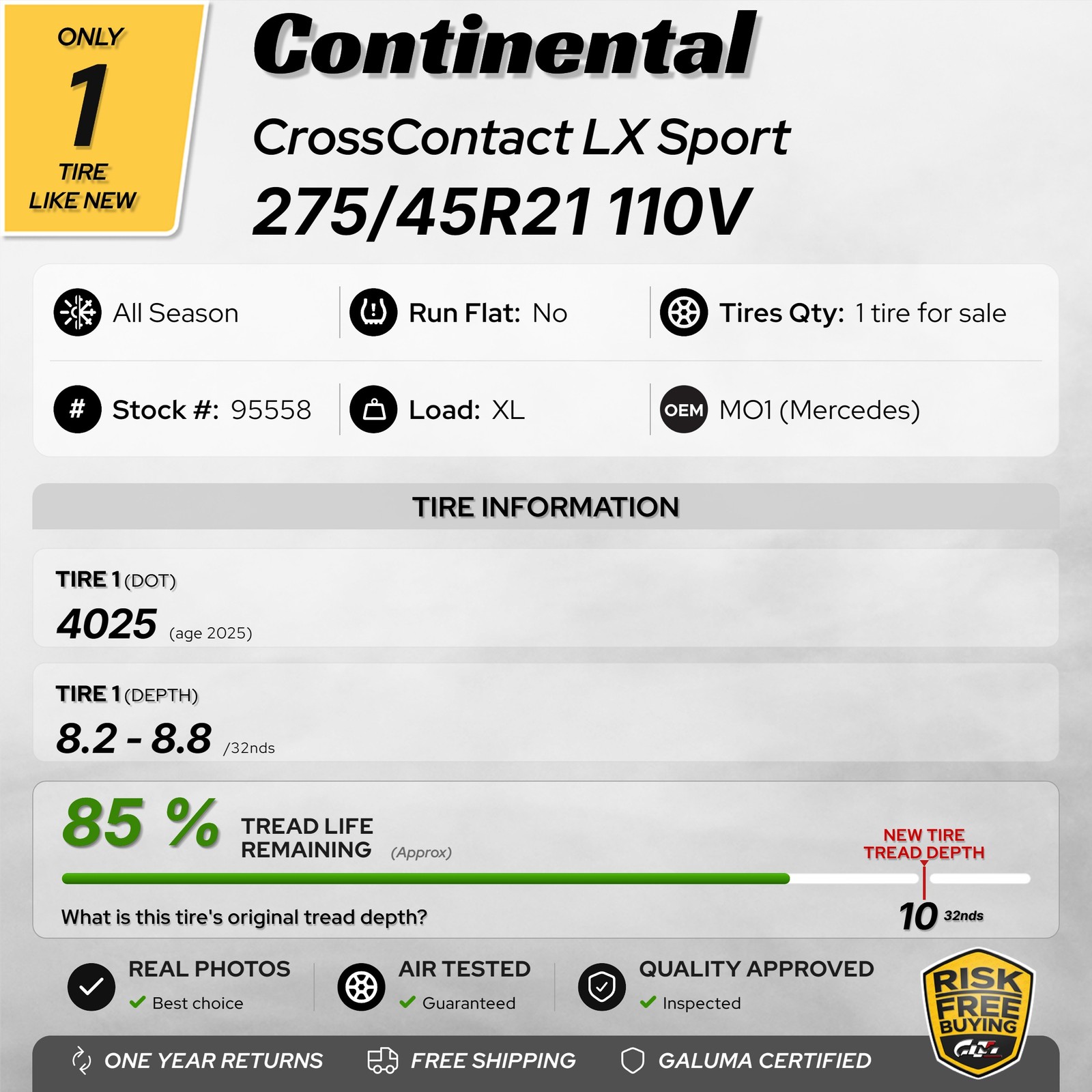 1 Tire LikeNEW Continental CrossContact LX Sport MO1 275/45R21 No Repairs #95558