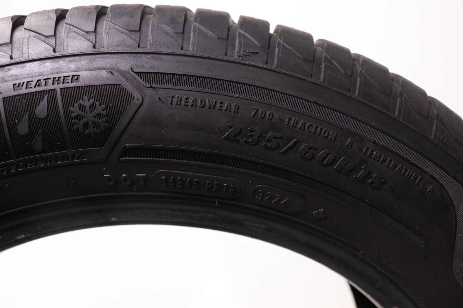 Set of 2 Used 235/60R18 Goodyear Assurance WeatherReady 2 – 107V – 8-8.5/32