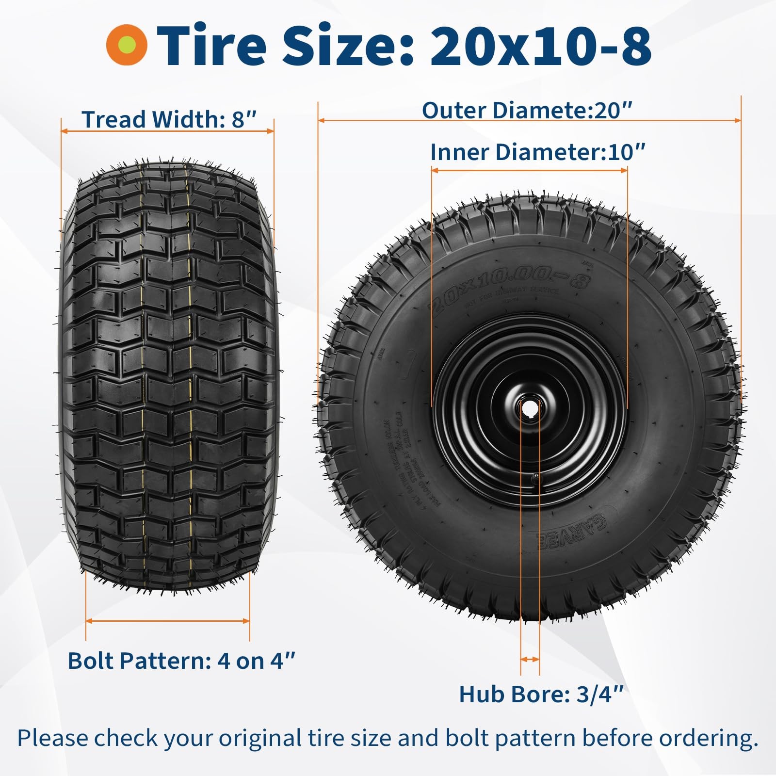 2PCS 20×10-8 Rubber Lawn Mower Tire 20x10x8 Gof Cart Replacement Rear Tire W/Rim