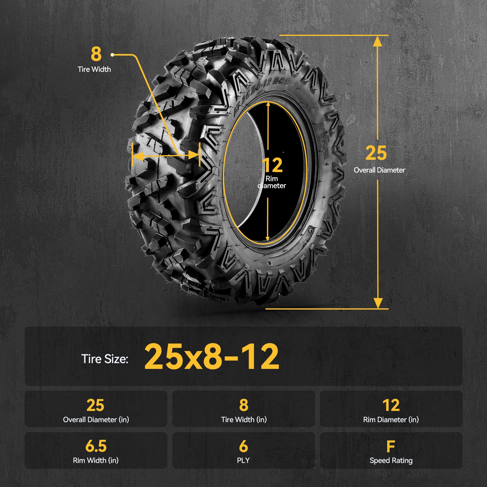 25×8-12 25-8-12 25x8x12 25×8.00-12 6Ply All Terrain Tire Z-199-1 Rubber 2Pcs New