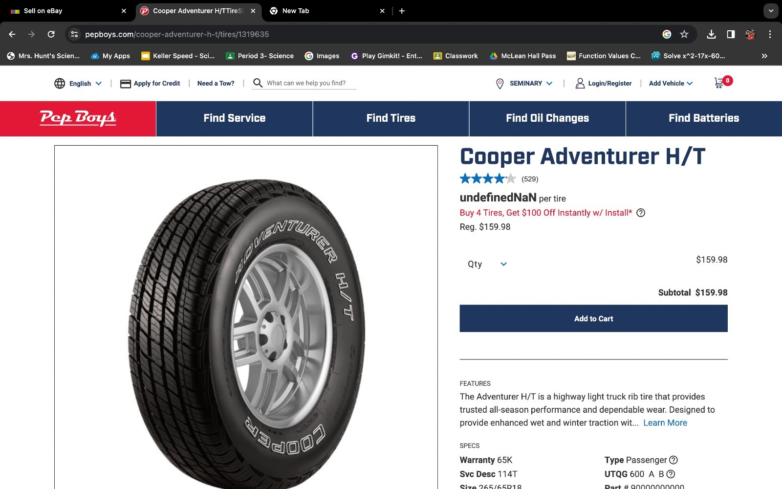 Cooper Adventurer H/T 265/65R18 Tires, 31 inch tires, ready for Off roading use.