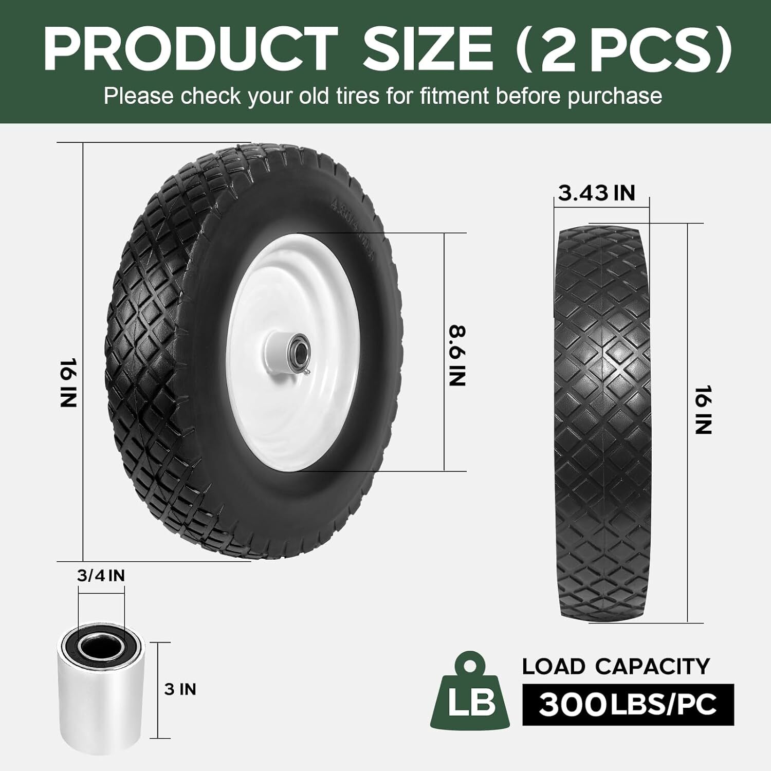 Taifa 2PCS 16 Inch Rubber Solid Flat Free Replacement Tires & Wheels 4.80/4.00-8