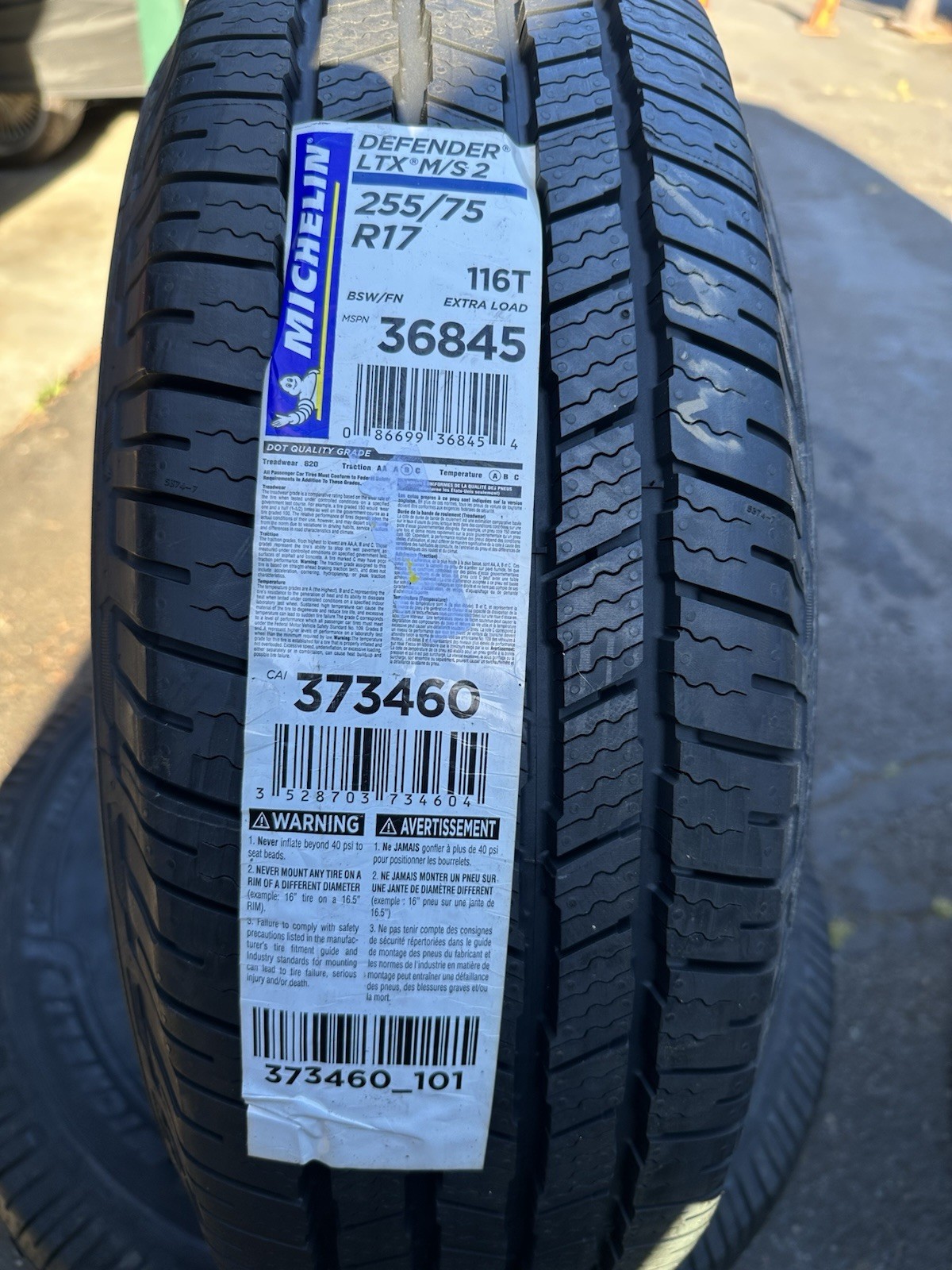 (QTY 4) 255/75R17 Michelin Defender LTX M/S2 116T XL Black Wall Tires