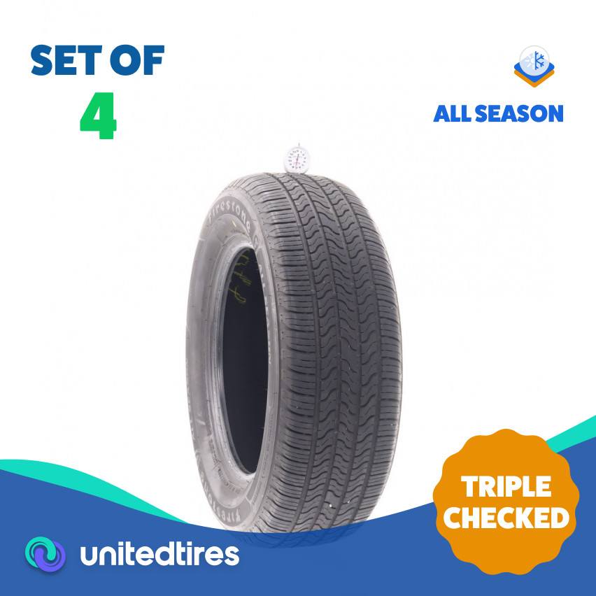 Set of (4) Used 225/60R16 Firestone All Season (Firestone) 98T – 7-8.5/32