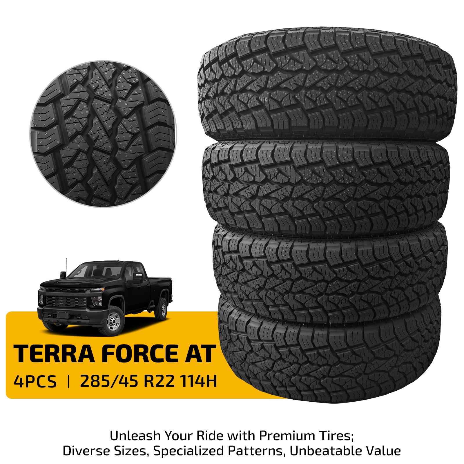 Set of 4 285/45R22 114H All-Terrain M+S All-Season Wet Grip Quiet Tires 9.6mm