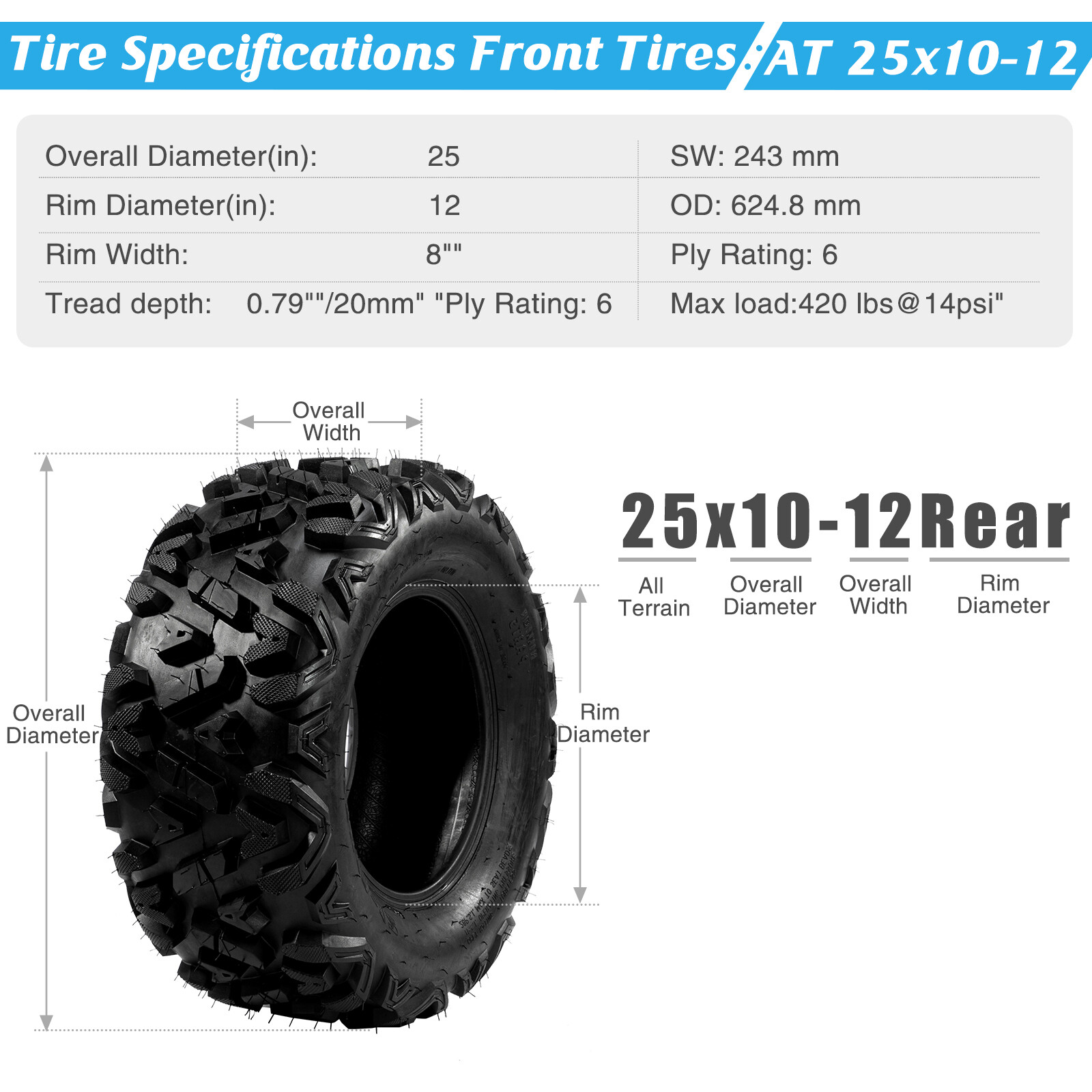 MP 25×8-12 & 25×10-12 Replacement ATV UTV SxS 6 Ply Tires Set of 4