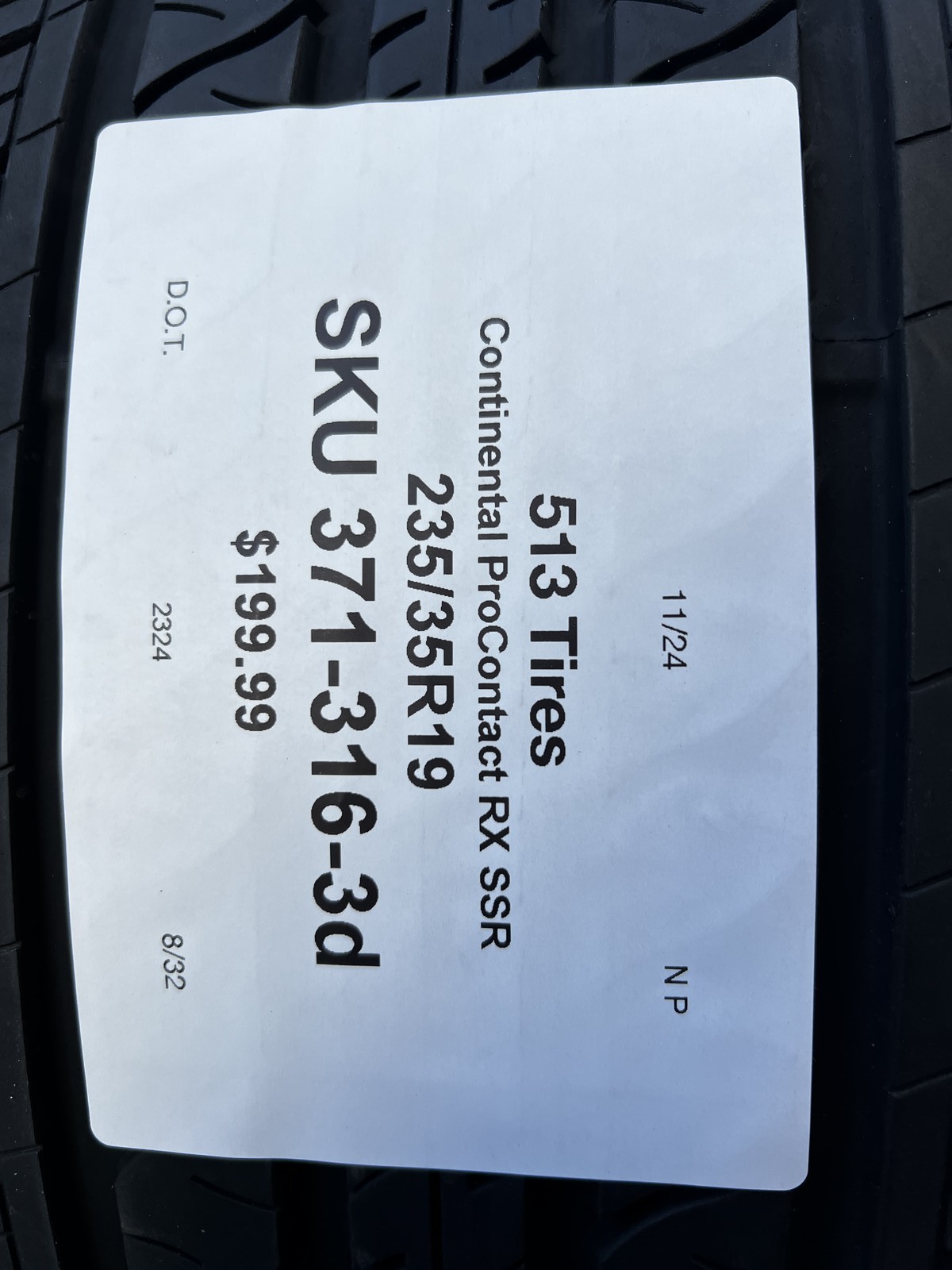 1 Tire Continental ProContact RX SSR TPC 235/35R19 91V DOT.2324 8/32 NO Patch