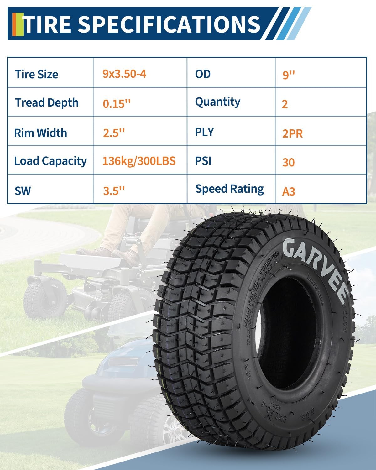 2pcs 9×3.50-4 Lawn Mower Tires 9×3.5-4 2PR Tubeless Lawn Mower Replacemen Tires