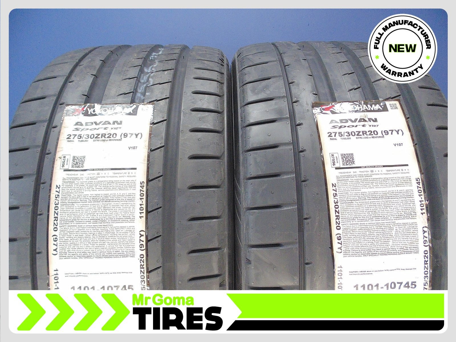 SET OF 2 BRAND NEW 275/30ZR20 YOKOHAMA ADVAN SPORT V107 XL TIRES 97Y 2753020
