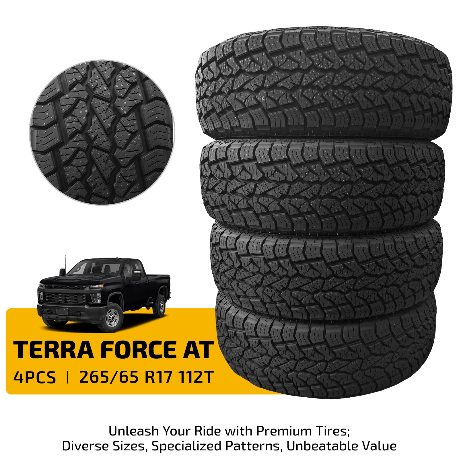 Set of 4 AT TERRA 265/65R17 112T Tire 9.6mm Tread 660AA BSW 50000 Miles Warranty