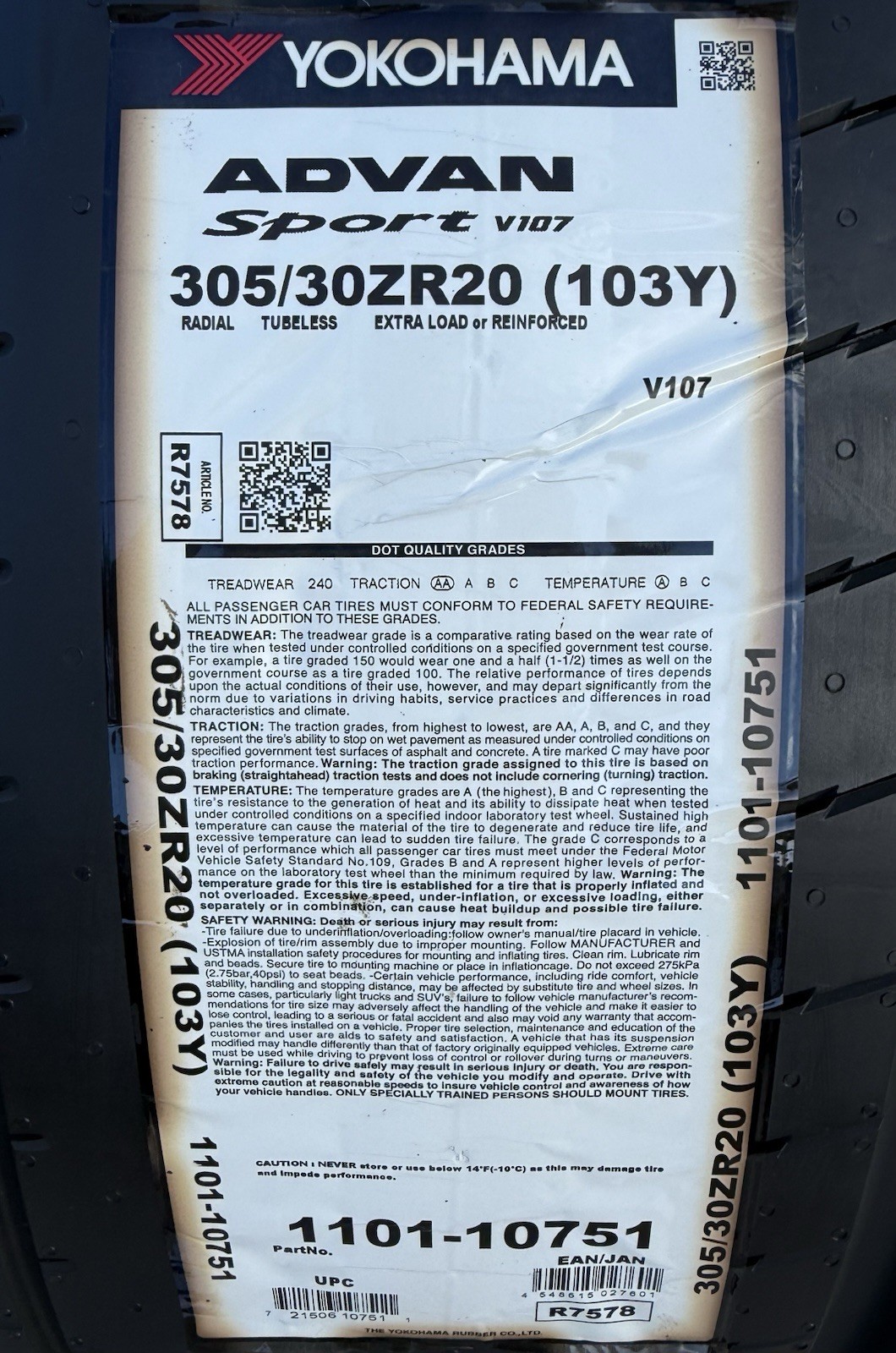 Set of TWO BRAND NEW 305/30ZR20 (103Y) Yokohama ADVAN Sport V107 Tires 3053020