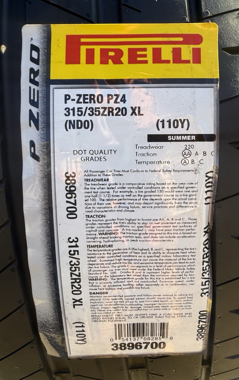 TWO BRAND NEW 315/35ZR20 (110Y) Pirelli P Zero PZ4 ND0 Porsche Panamera Tires