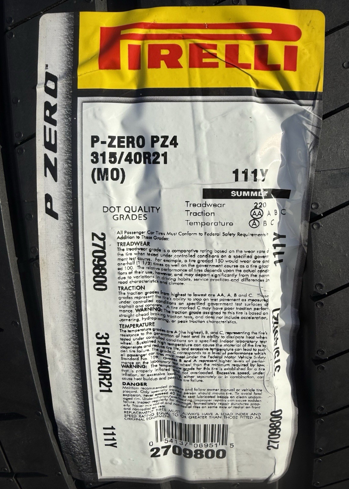 Set of TWO BRAND NEW 315/40R21 111Y Pirelli P Zero PZ4 Sport MO Mercedes Tires