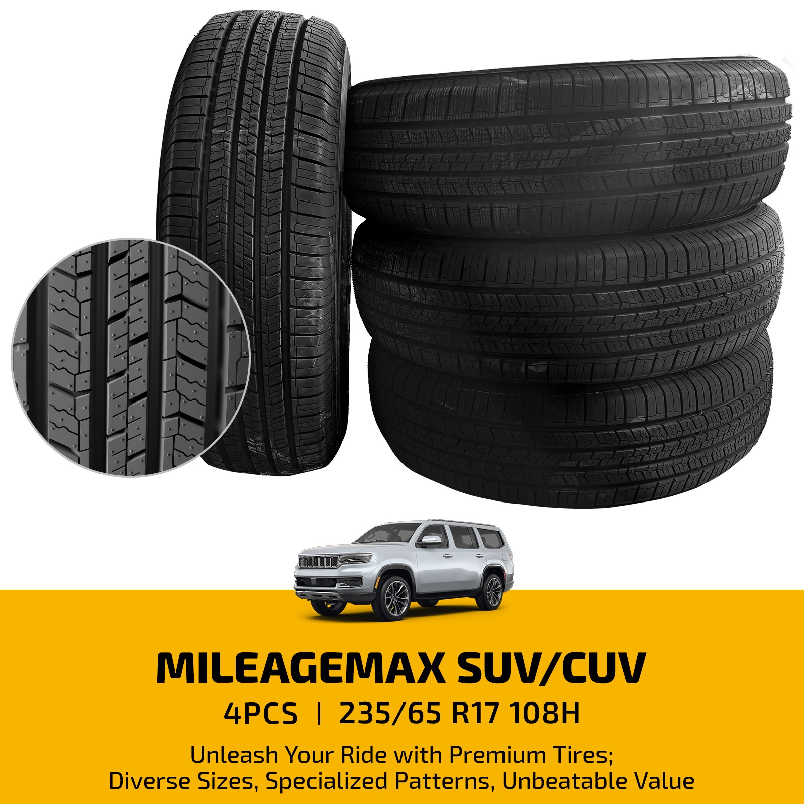 4 MILEAGEMAX SUV/CUV Performance Tires 235/65R17 108H A/S Durable 8.4mm Tread