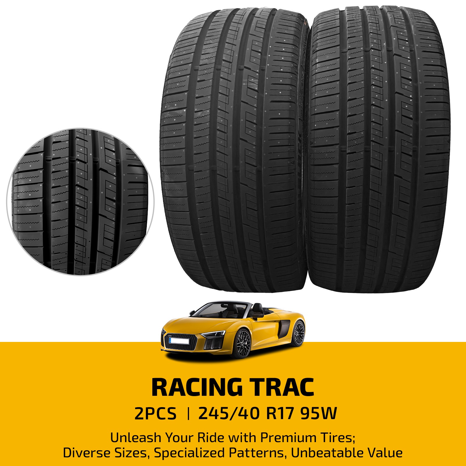 Set of 2 RACING 245/40ZR17 95W UHP Tires 7.4mm Tread 420AA 50000 Miles Warranty