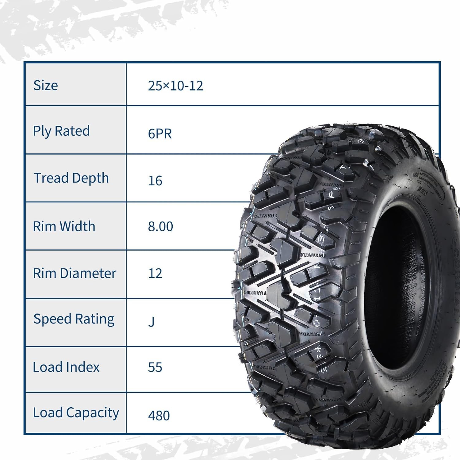 25×10-12 ATV UTV Tires, 25x10x12 All-Terrain ATV Tires, 6PR Tubeless, Set of 2