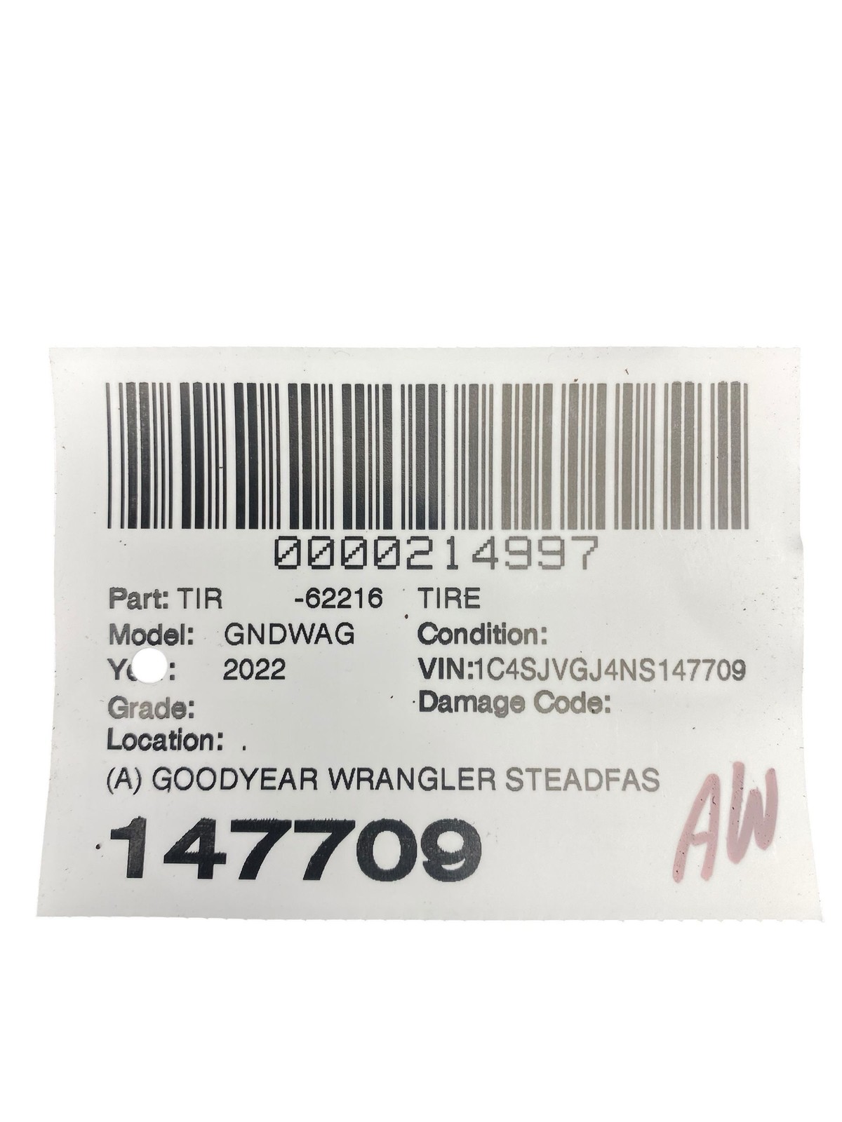 2022 – 2025 JEEP GRAND WAGONEER WS OEM (A) GOODYEAR 14H M+S 7/32NDS DOT(3122)