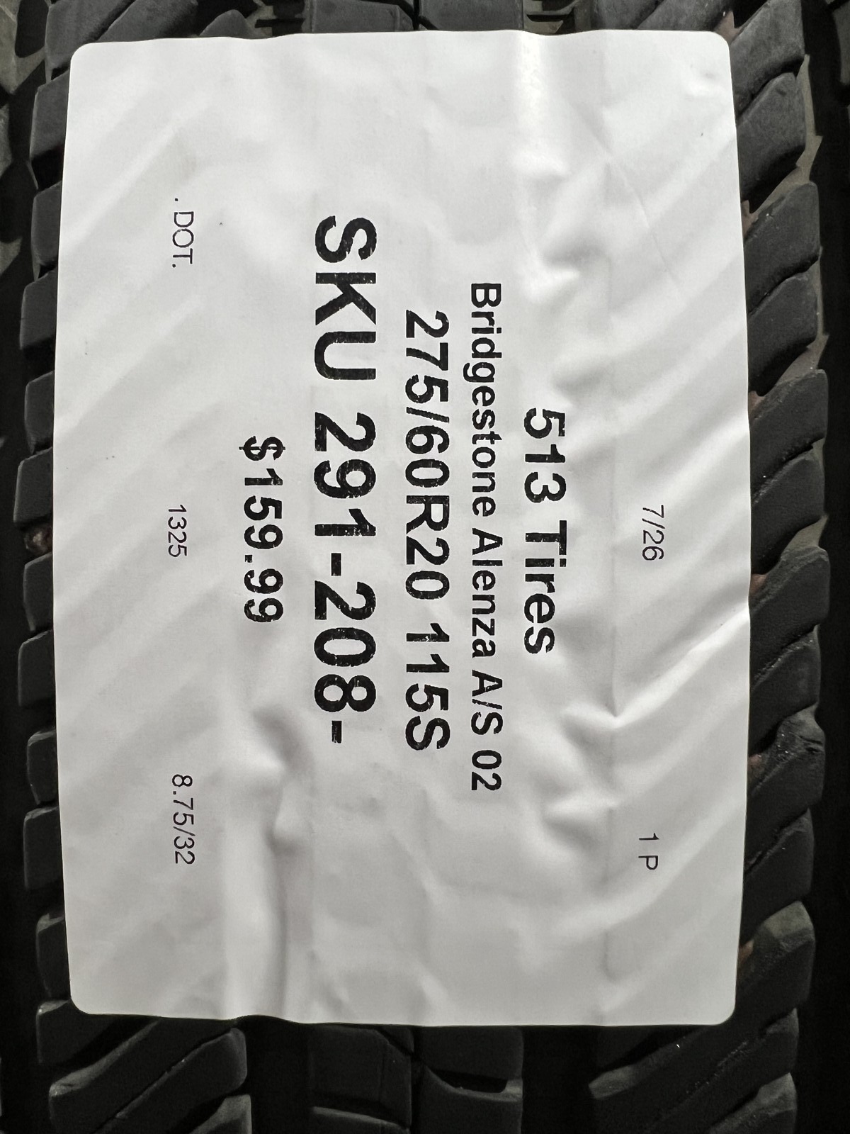 1 Tire Bridgestone Alenza A/S 02 TPC 275/60R20 115S DOT.1325 8.75/32