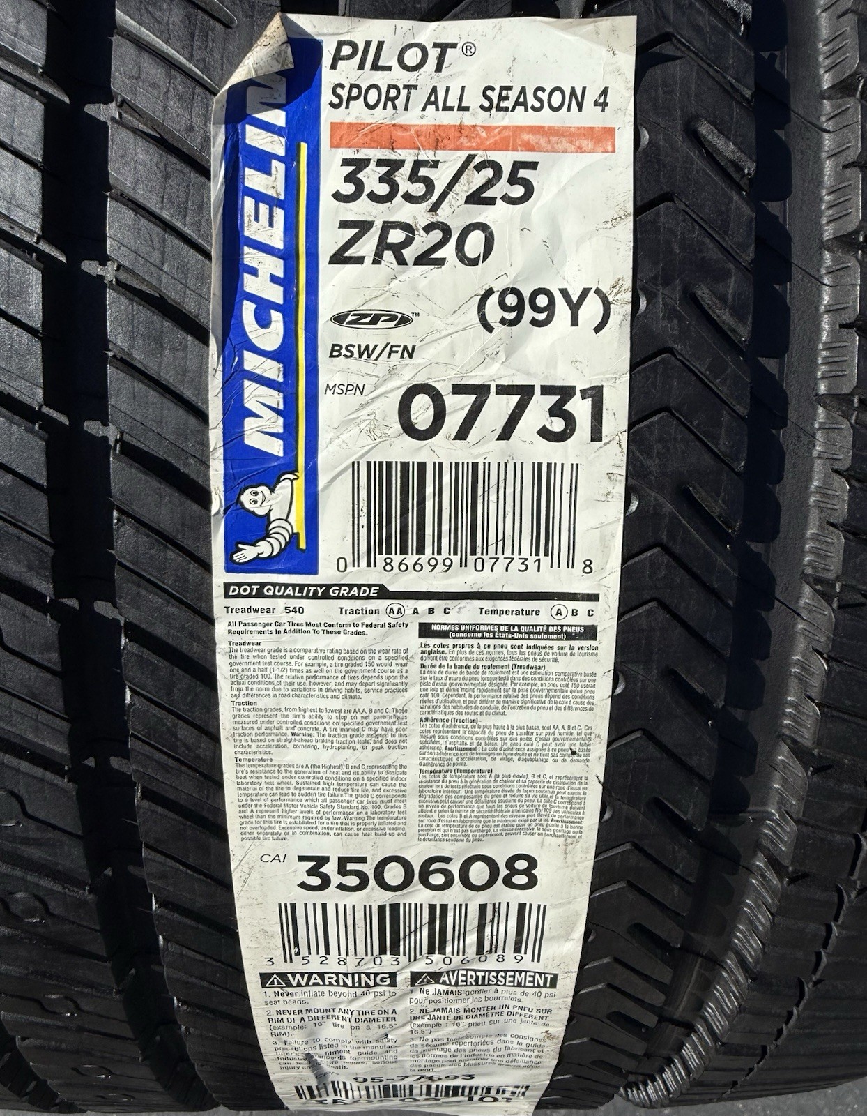 ONE BRAND NEW 335/25ZR20 99Y Michelin Pilot Sport All Season 4 ZP Run Flat Tire