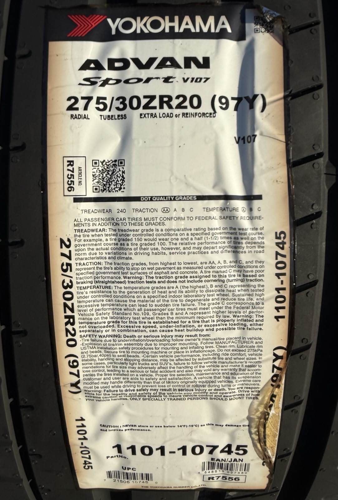 Set of TWO BRAND NEW 275/30ZR20 (97Y) Yokohama ADVAN Sport V107 Tires 2753020