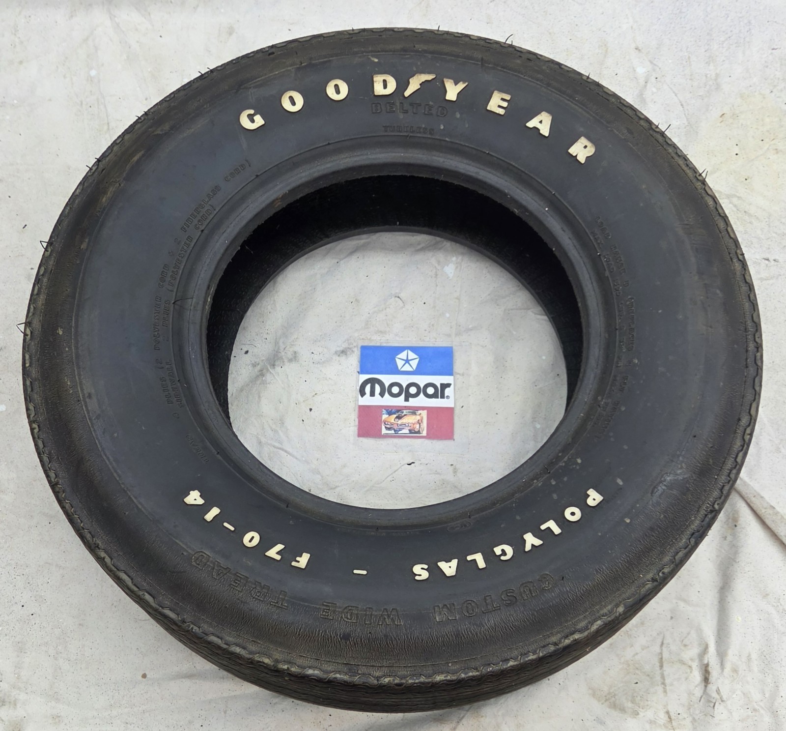Goodyear Belted RWL Custom Wide Tread Polyglas F70-14 Tire Raised White Letter