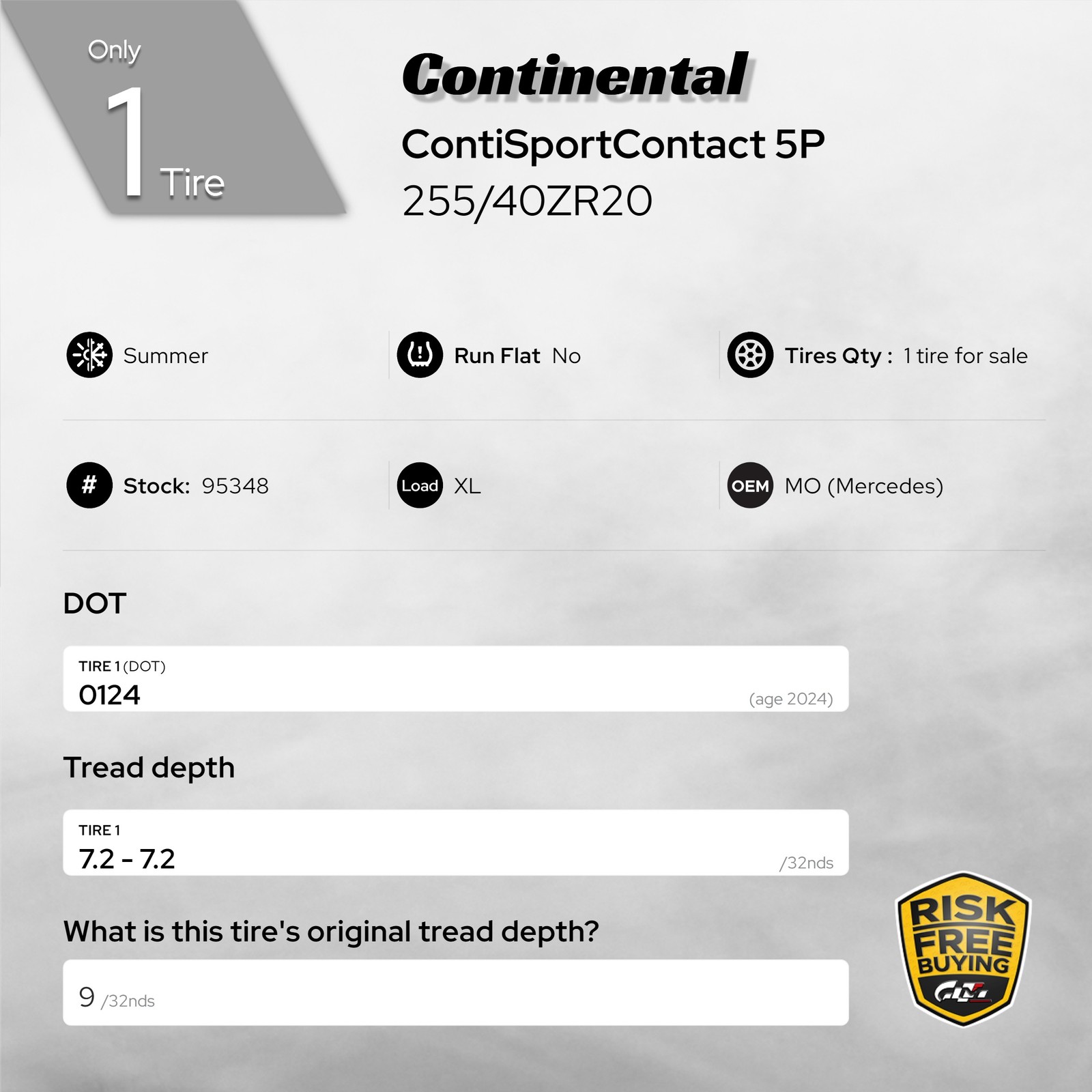 1 Tire LikeNEW Continental ContiSportContact 5P 255/40ZR20 255/40/20 101Y #95348