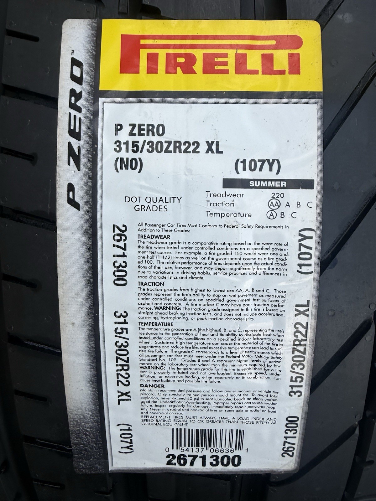 ONE BRAND NEW 315/30ZR22 (107Y) Pirelli P Zero N0 NO Porsche Cayenne Tire