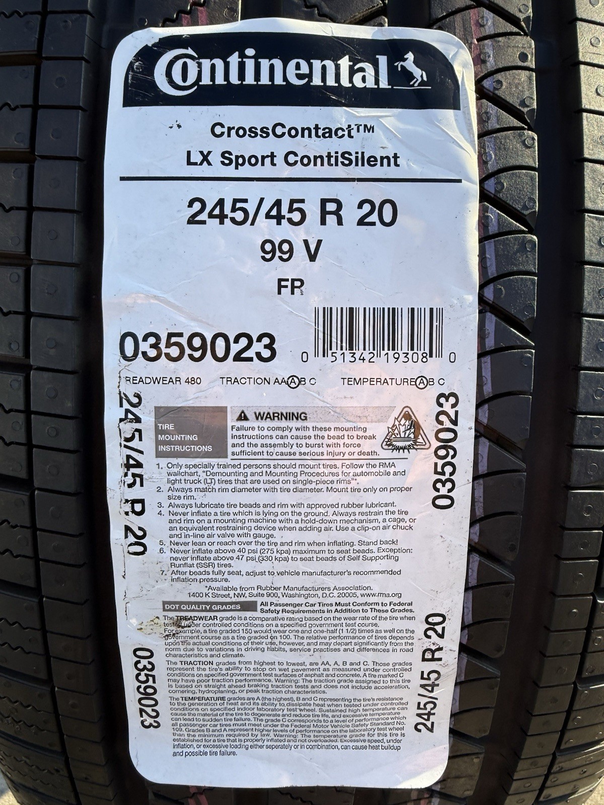 TWO BRAND NEW 245/45R20 Continental CrossContact LX Sport ContiSilent Foam Tires
