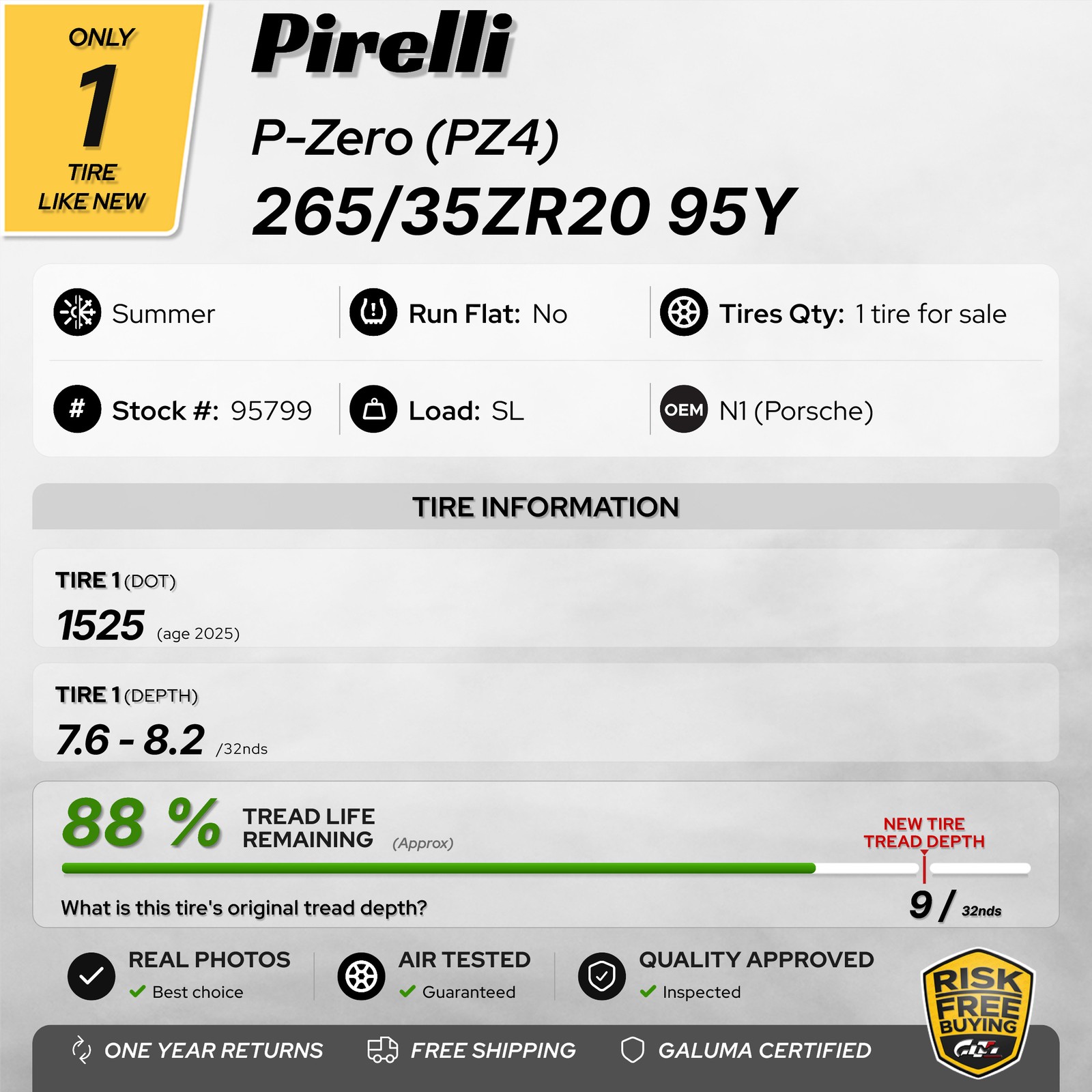 1 Tire LikeNEW Pirelli P-Zero (PZ4) N1 265/35ZR20 265/35/20 2653520 95Y #95799