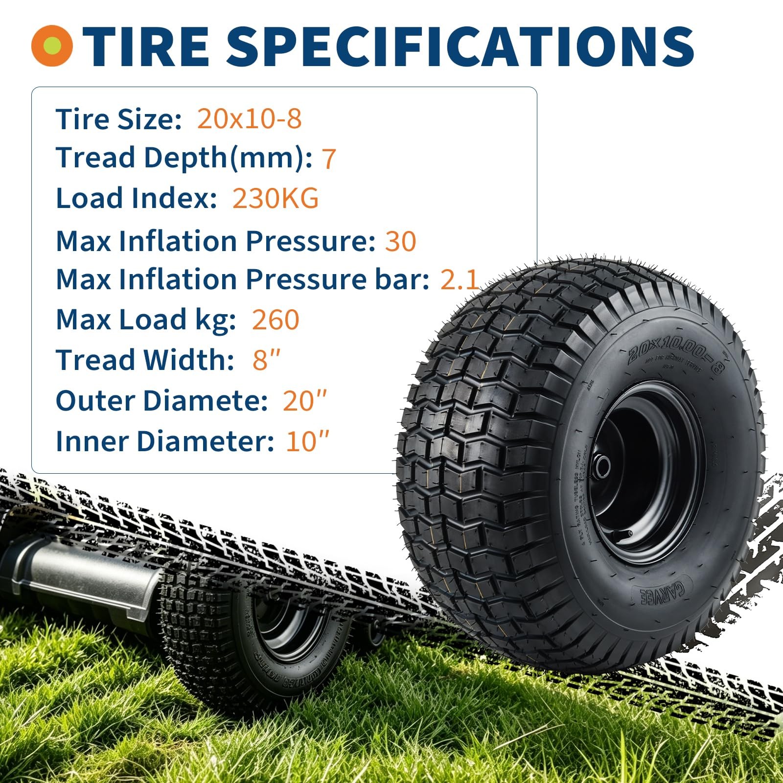 2PCS 20×10-8 Rubber Lawn Mower Tire 20x10x8 Gof Cart Replacement Rear Tire W/Rim