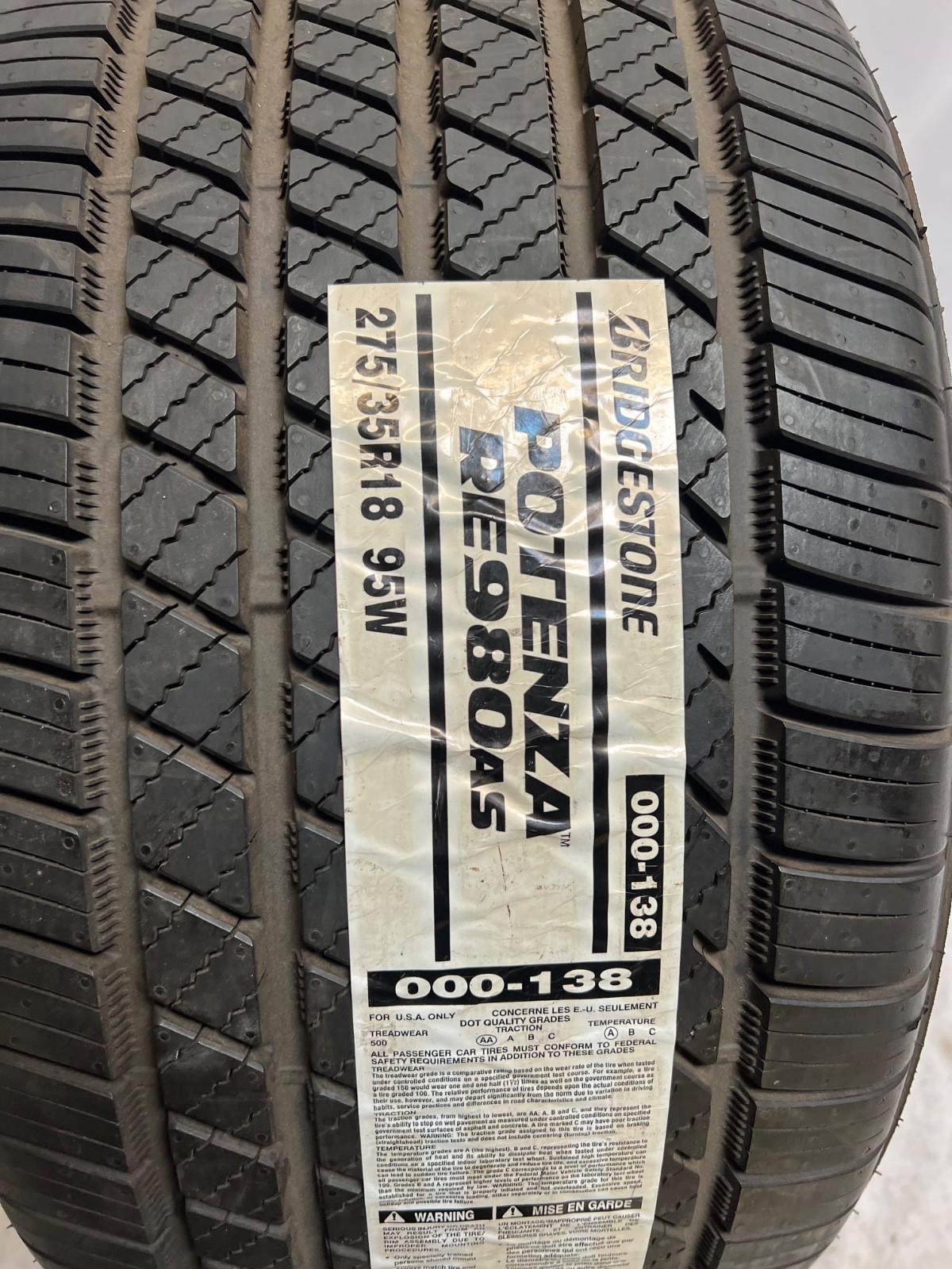 1 – NEW 275/35R18 (95W) M + S Bridgestone Potenza RE980AS – 3014