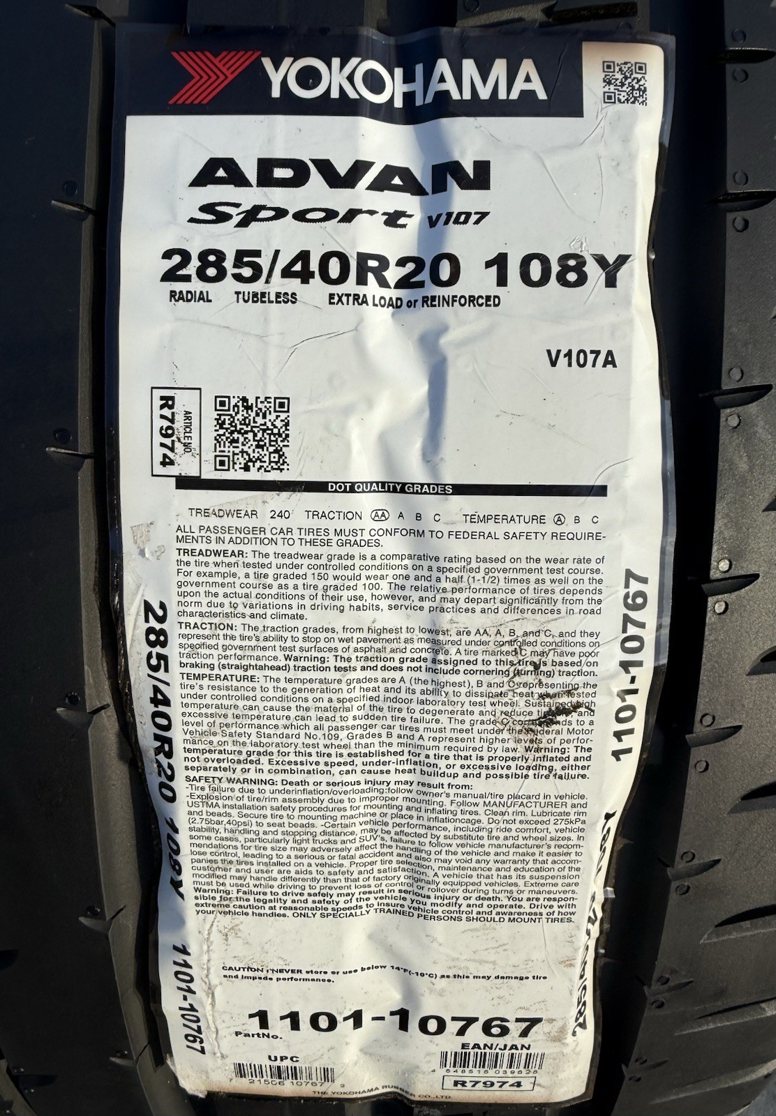 Set of TWO BRAND NEW 285/40R20 108Y Yokohama ADVAN Sport V107 Tires 2854020
