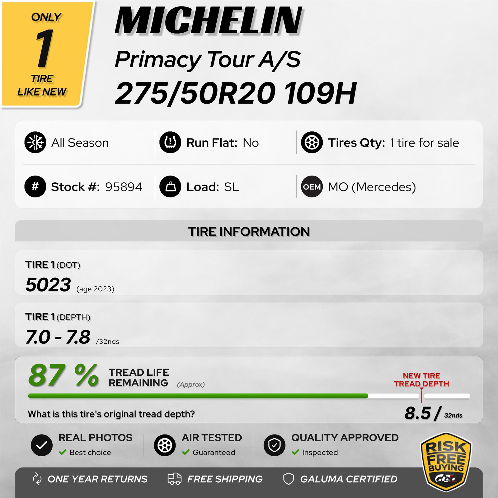 1 Tire LikeNEW Michelin Primacy Tour A/S (MO) 275/50/20 R20 2755020 109H #95894