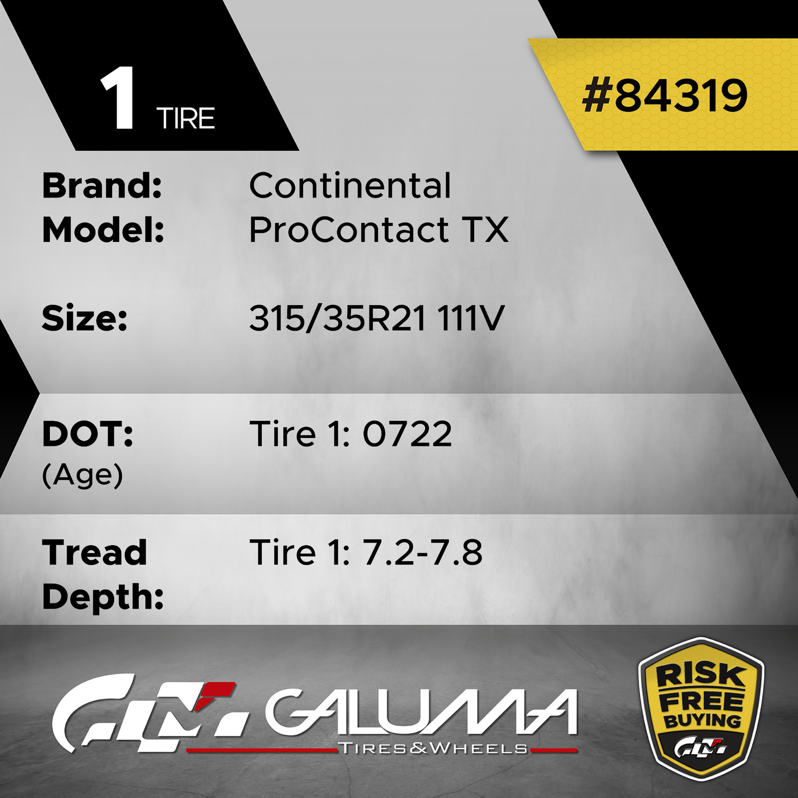 1 (One) Tire LikeNEW Continental ProContact TX 315/35R21 315/35/21 3153521 84319