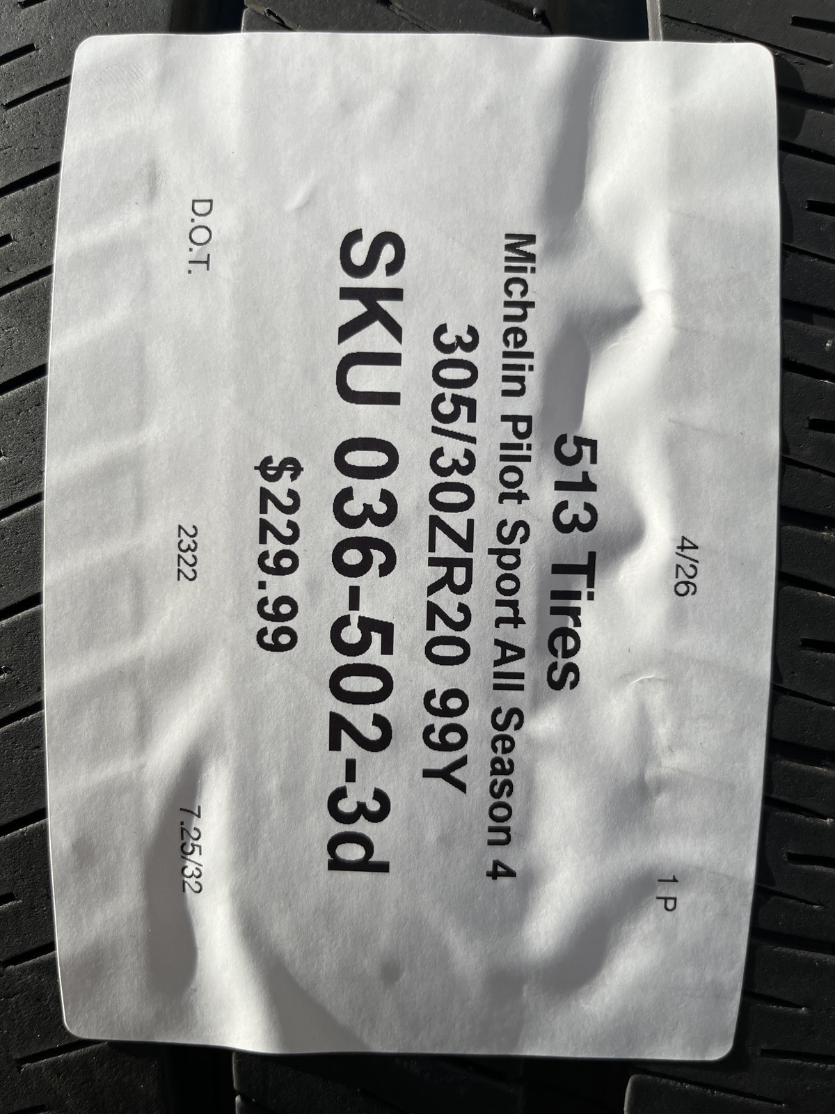 1 Tire Michelin Pilot Sport All Season 4 ZP 305/30ZR20 99Y DOT.2322 7.25/32