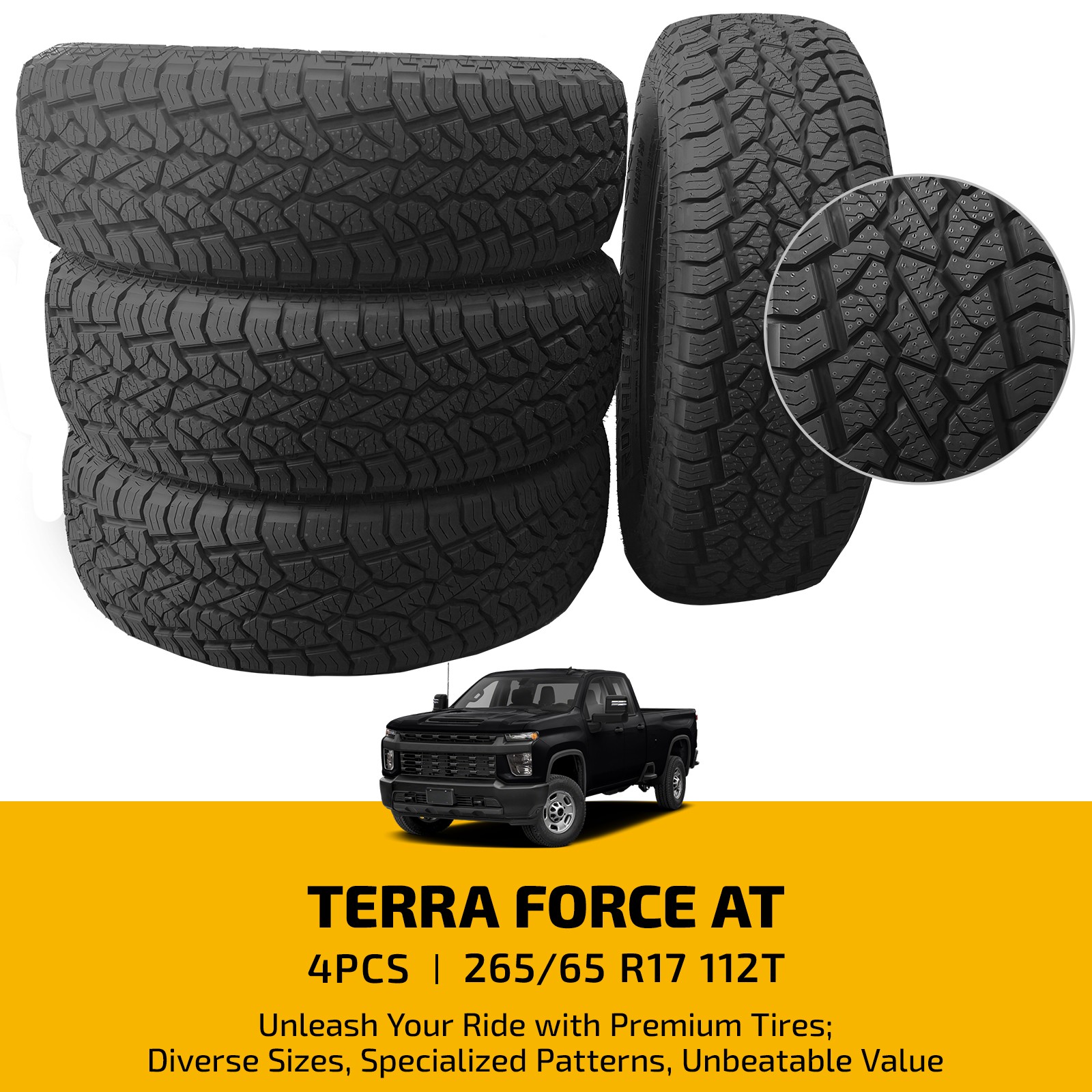 Set of 4 TERRA 265/65R17 112T Off Road All Season Tires 9.6mm 660AA 50000 Miles